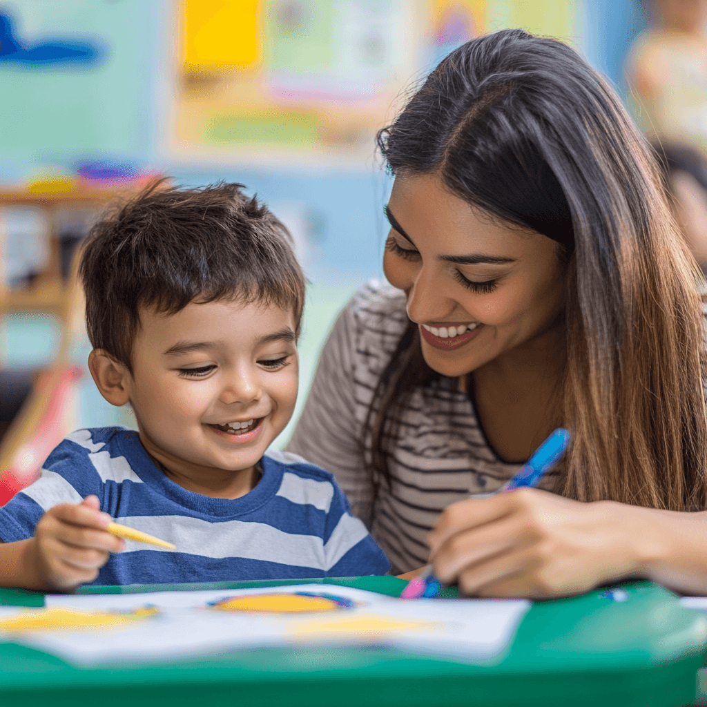 picture of a kid in a daycare learning how to color with a nanny caregiver