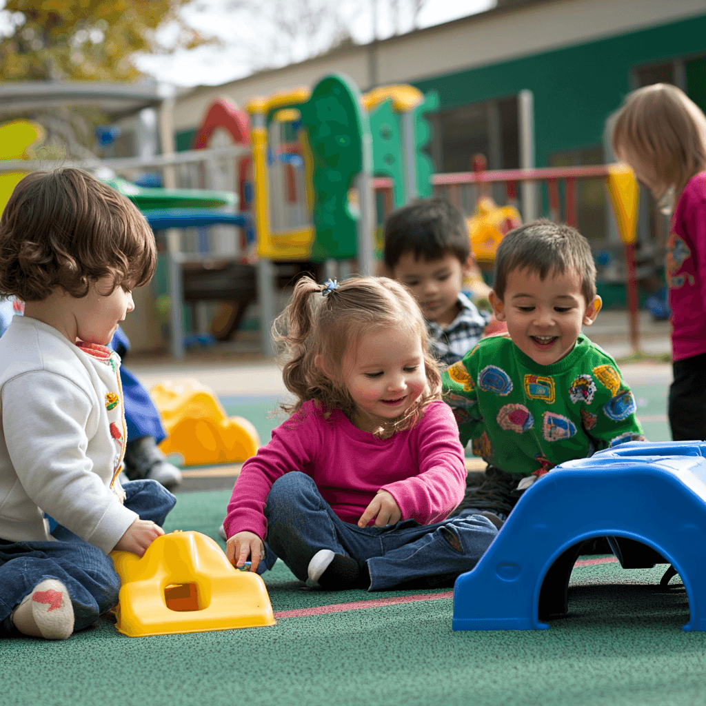picture of kids in a daycare playing together with a childcare provider