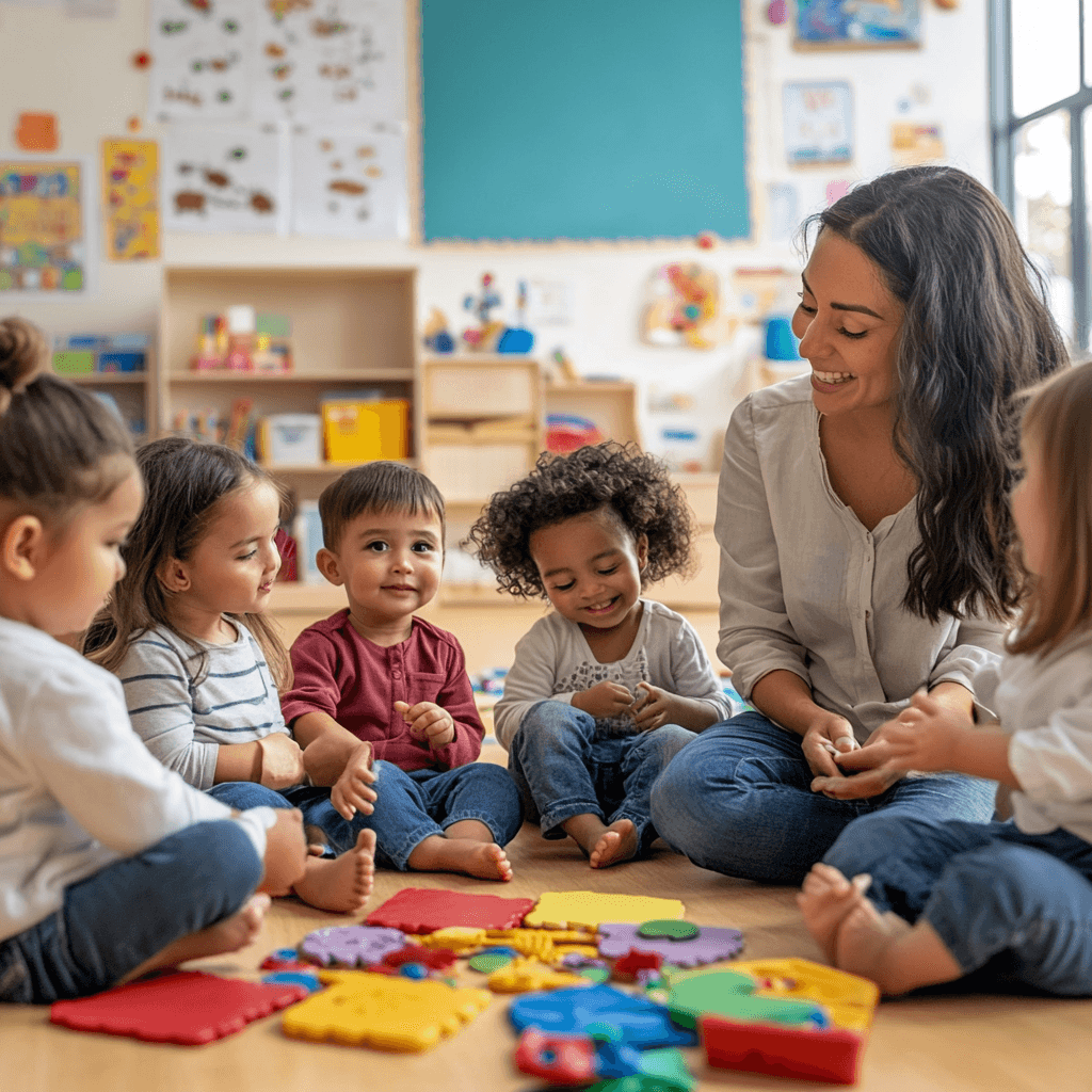 picture of kids in a daycare sitting together learning with an early childhood educator