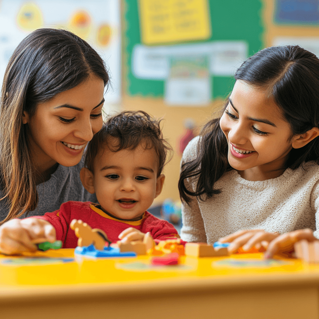 picture of a kid in a daycare learning and getting taught by teachers